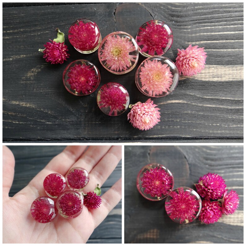 Real pressed flower plug earrings alternative wedding plugs and tunnels resin ear gauges girlfriend gift purple gomphrena terrarium jewelry