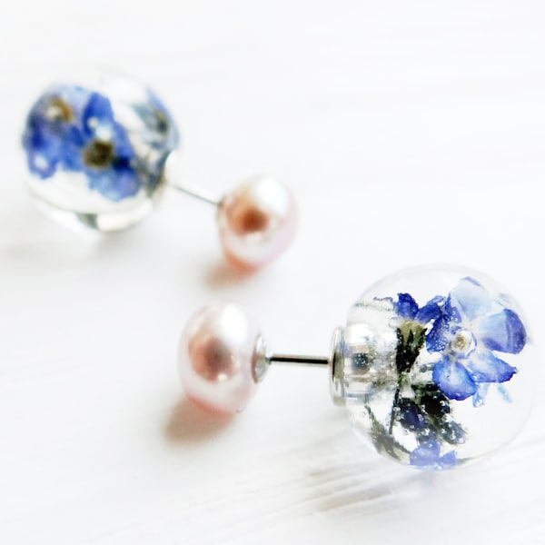 Freshwater Pearl earrings Forget-me-not earrings Ear jacket Double earrings Sterling silver Front back earrings for mom Double sided earring