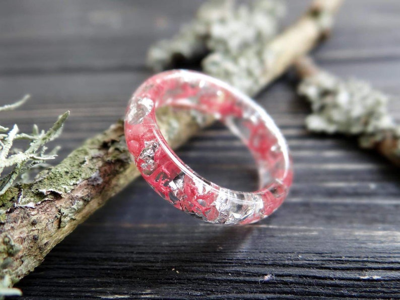 Dainty ring Barbiecore Promise ring for her Resin ring Nature inspired Engagement rings Inspirational rings for women silver Pink moss image 4