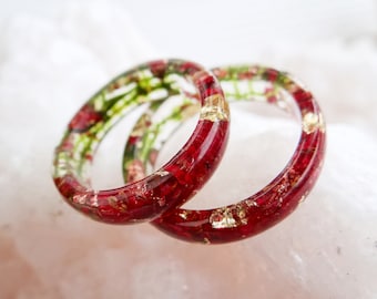 Pomegranate Pressed Flower Resin Ring: Gold Flakes, Nature Inspired, Engagement Ring, Promise Gift