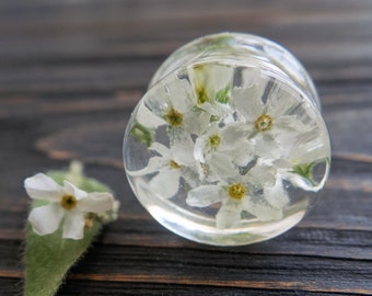 Unique ear gauges White Forget me not plug Transparent flower Clear resin plugs