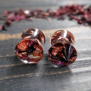 Gothic Resin Tunnels with Cornflower Black Gauges Rose Gold Flakes Real flower jewelry