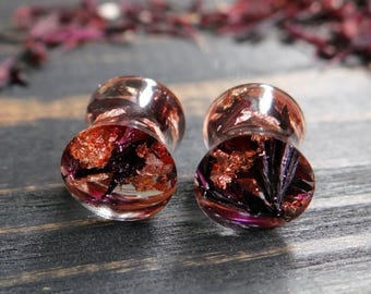 Gothic Resin Tunnels with Cornflower Black Gauges Rose Gold Flakes Real flower jewelry