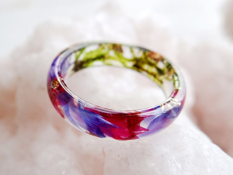 Cornflower ring Resin ring Pressed flowers Stacking rings Nature engagement rings for women Promise ring for him Anniversary ring for wife image 2