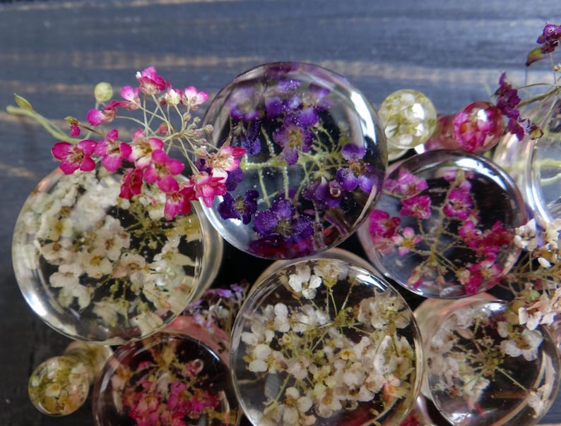 May include: Assortment of clear resin plugs with pressed flowers. The plugs feature white, pink, and purple flowers.