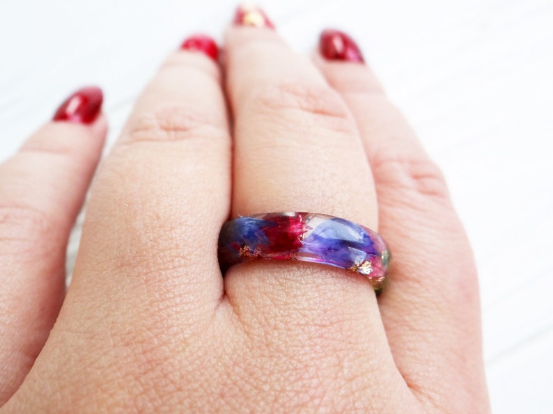 Cornflower ring Resin ring Pressed flowers Stacking rings Nature engagement rings for women Promise ring for him Anniversary ring for wife image 6