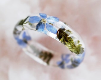 Fern ring Resin ring Forget me not ring Blue flower ring Floral Promise ring Minimalist ring Nature Engagement ring for couples Boho rings