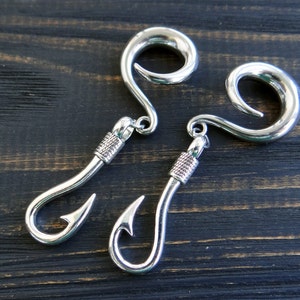 Fishhook gauges dangle Fishing tackle Ear weights 6g 2g 0g 00 gauge Fisherman Anniversary gift Stainless steel gauges tunnels plugs for men
