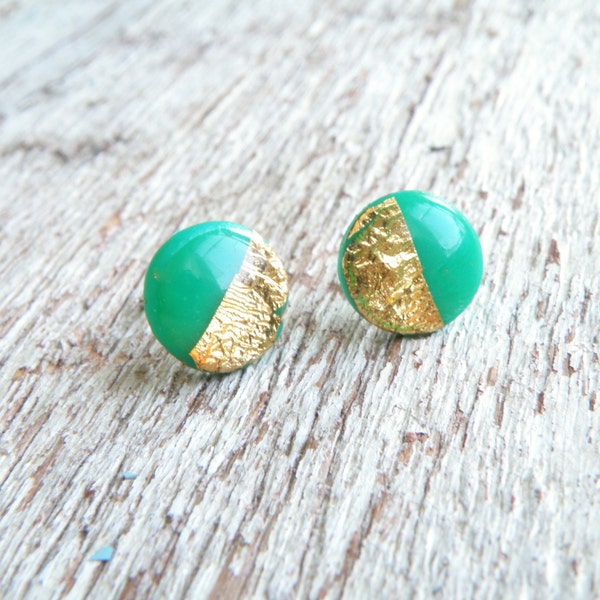 Leprechaun jewelry Real gold leaf earrings Emerald green gold studs Gold foil Post earrings Polymer clay studs Real gold 24K St Patric's day