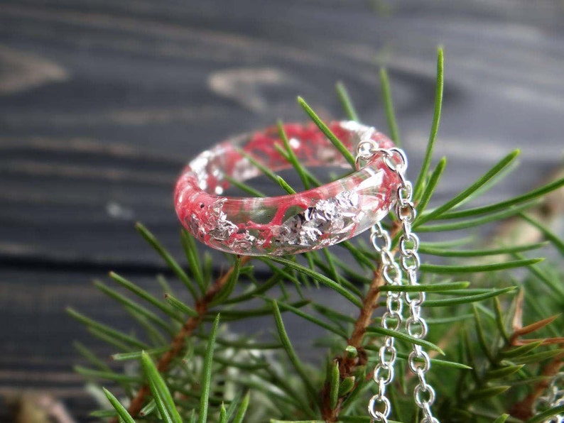 Dainty ring Barbiecore Promise ring for her Resin ring Nature inspired Engagement rings Inspirational rings for women silver Pink moss image 5