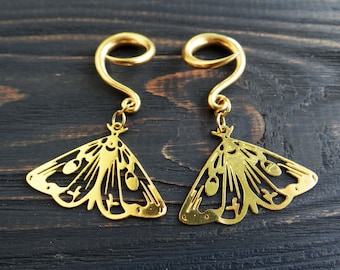 Gold Moth gauges Ear Weights for stretched ears 6g Hangers Wedding gauges 6g earrings 2g gauges 0g tunnels 00 gauges dangle plugs  Goddess