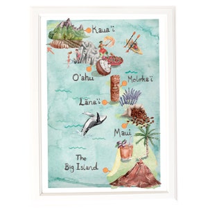 Karte von Hawaii. Limitierte Auflage Giclée-Druck einer ursprünglichen Illustration signiert. In Aquarell.