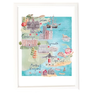 Karte von New England. Limitierte Auflage Giclée-Druck einer ursprünglichen Illustration signiert. In Aquarell.
