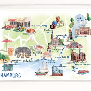 Karte von Hamburg. Signierter Limitierter Giclee Druck einer OriginalIllustration. In Aquarell.
