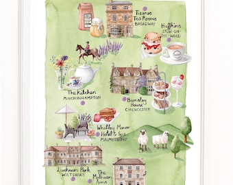 Map of Afternoon Teas in the Cotswolds. Signed Limited Edition Giclee Print of an Original Watercolour Illustration