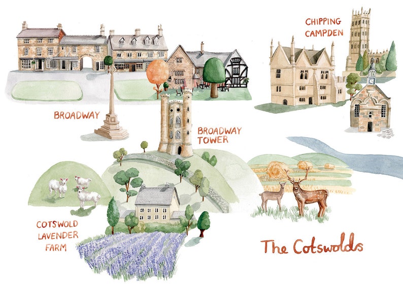 Map of the Cotswolds. Signed Giclee Print of an Original Watercolour