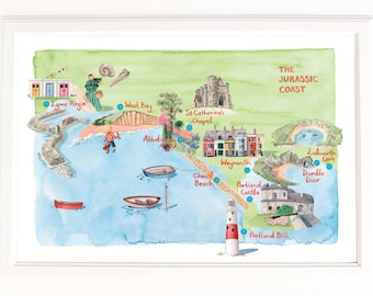 Map of The Jurassic Coast. Signed Limited Edition Giclee Print of an Original Illustration. In Watercolour.