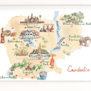 Map of Cambodia. Signed Limited Edition Giclee Print of an Original Illustration. In Watercolour.