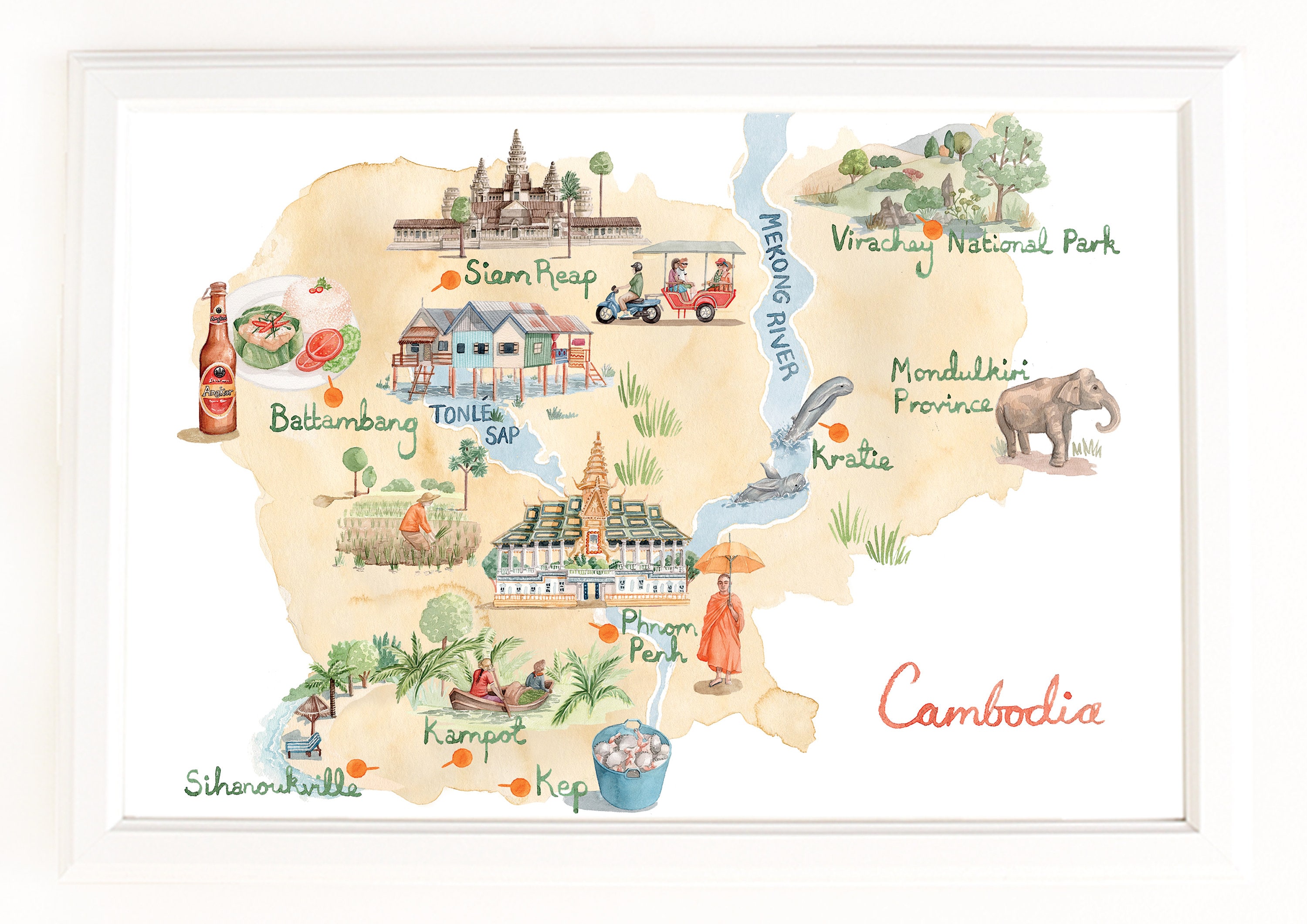 Map of Cambodia. Signed Limited Edition Giclee Print of an