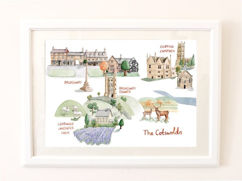 Map of the Cotswolds. Signed Giclee Print of an Original Watercolour