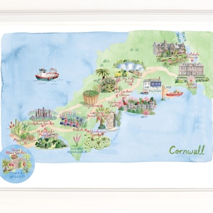 Carte des jardins de Cornwall. Imprimé Giclee signé en édition limitée d’une illustration originale. À l’aquarelle.