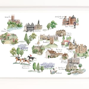 Karte der North Cotswolds, Stratford und Worcester. Signierter Limitierter Giclee Druck einer OriginalIllustration. In Aquarell.