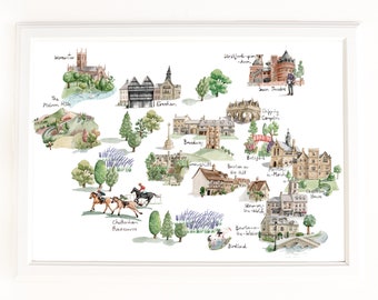 Map of the North Cotswolds, Stratford and Worcester. Signed Limited Edition Giclee Print of an Original Illustration. In Watercolour.