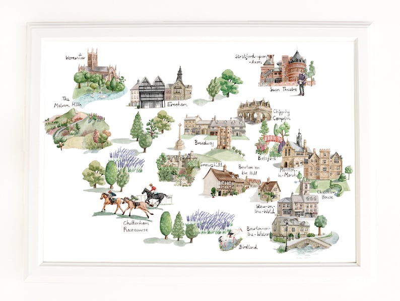 Map of the North Cotswolds, Stratford and Worcester. Signed Limited Edition Giclee Print of an