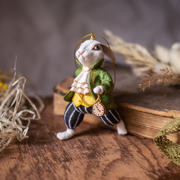 White rabbit spun cotton ornament, Alice in Wonderland Easter decor, paper mache animals, vintage inspired Christmas figurine