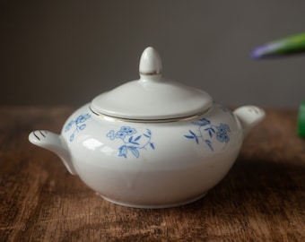Vintage Porcelain Sugar Bowl, Blue Floral Lidded Tea Table Decor