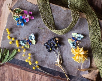 Broches fleurs et papillons vintage en émail, épingles insectes rétro, broche antique en fausses perles, épingle pour sac à dos fleur noire