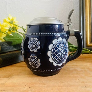 Ceramic beer stein with lid, vintage large mug, porcelain German pottery cup, groomsman gift, 1980s retro tankard, man cave decor