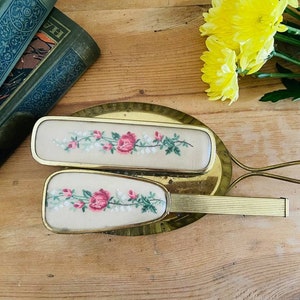 1950s embroidered vanity set, antique floral brush & hair comb, vintage dressing table set, Art Deco Hollywood regency, retro bedroom decor