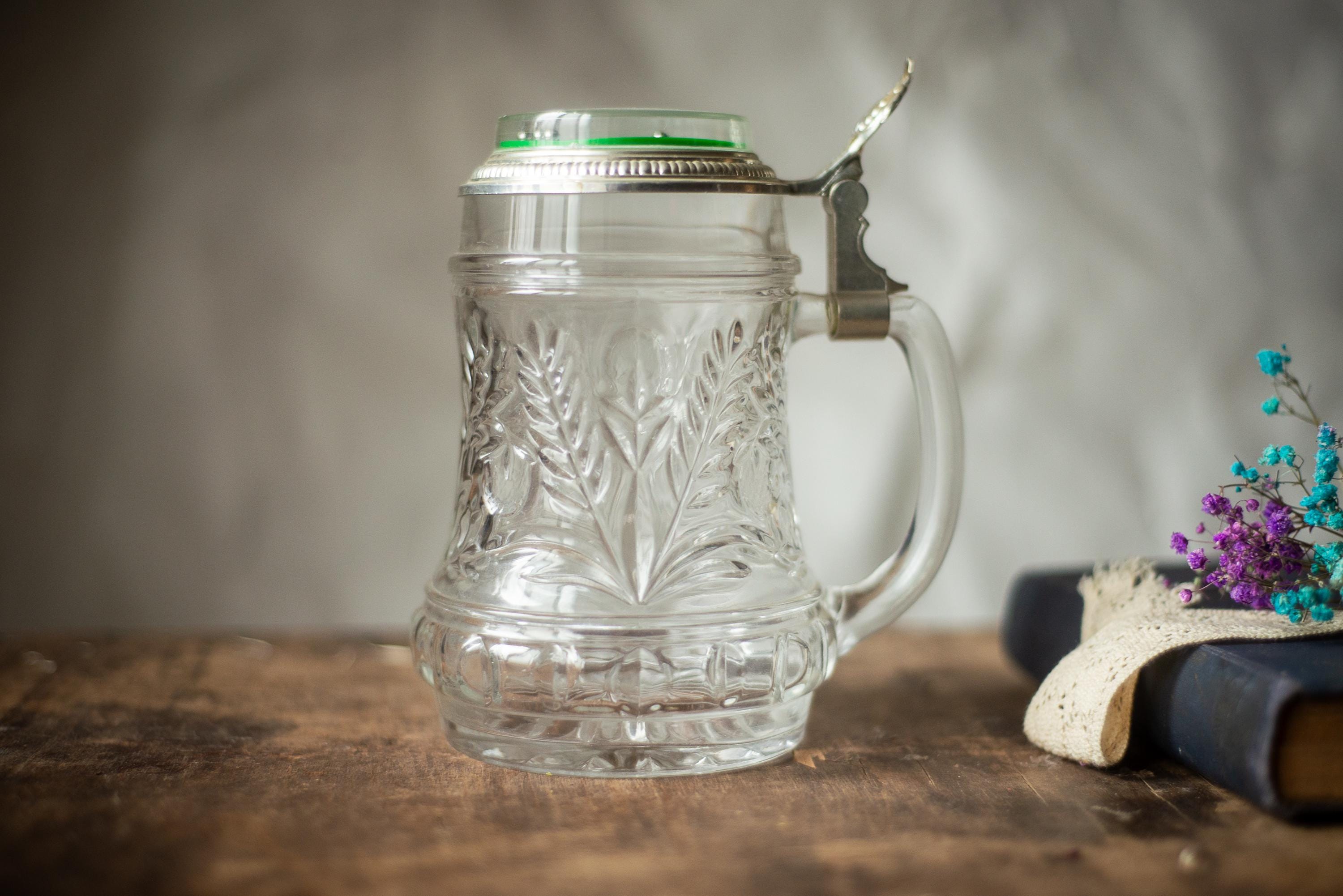 蓋付きガラスクリスタルビールジョッキ、ドイツヴィンテージ