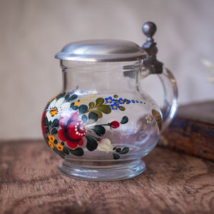 Vintage Flower glass beer mug with metal lid, flower pattern beer stein, German Oktoberfest