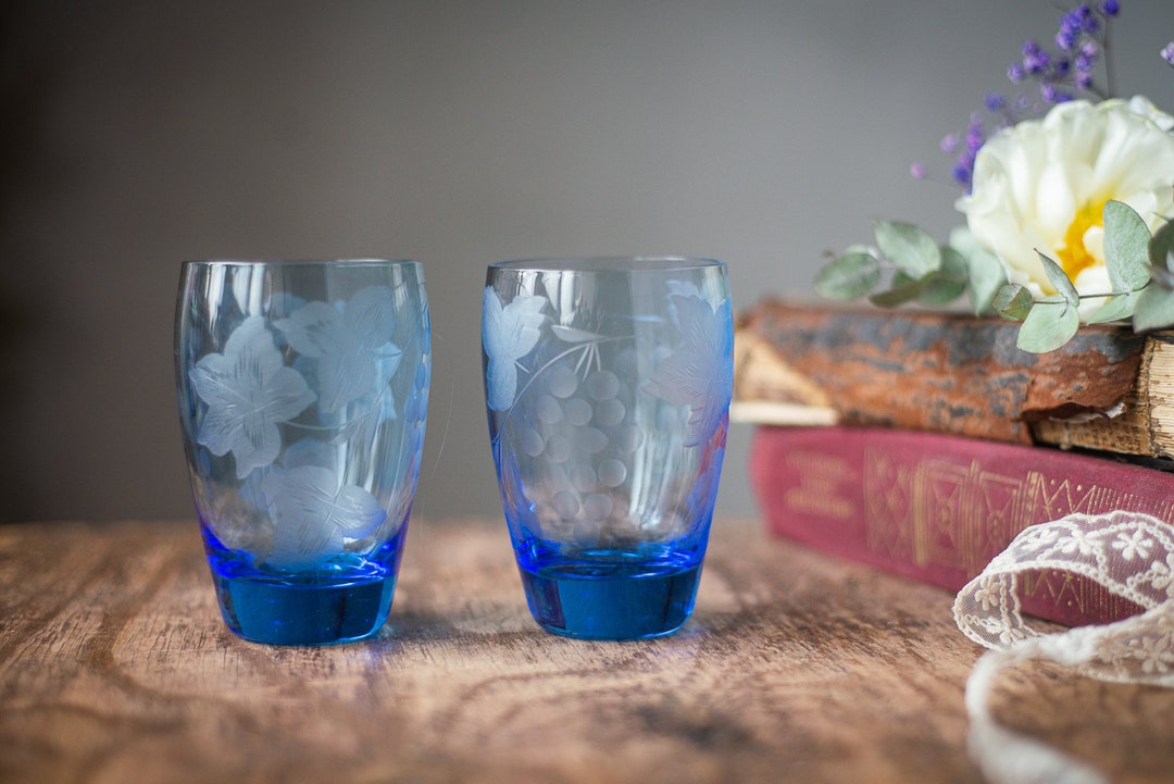 Vintage Water Glasses Set, Blue Glass Lemonade Glasses, Retro Glass ...