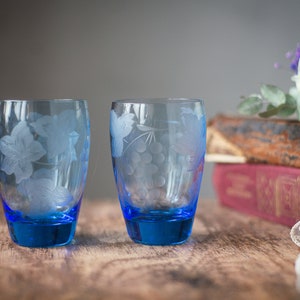 Vintage water glasses set, blue glass lemonade glasses, retro glass barware, 70s glassware
