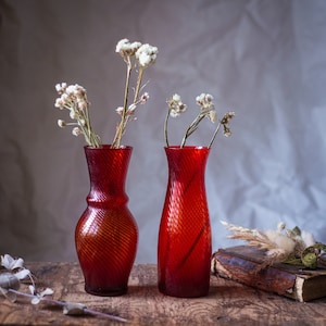 Red glass flower vases, Czech vintage, Spring table decor, rustic table centerpiece