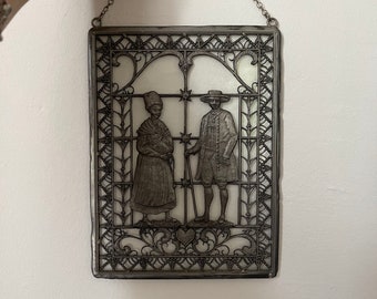 Vintage carved wall panel, decorative wall plate, metal and glass wall decor, 50s German vintage