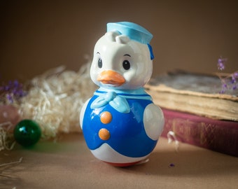 Roly poly grand Donald duck vintage, jouet en plastique bleu jaune, décoration rétro de chambre d'enfant, décoration de chambre de tout-petit