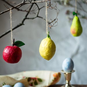 Pear and lemon spun cotton ornaments, Easter tree decor, paper mache fruits, vintage-inspired Easter figurines, rustic home decoration