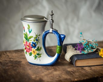 Ceramic Floral Beer Stein with Lid, German Vintage Beer Mug, Hand-Painted Stein, Collectible Barware, Gift for Mom