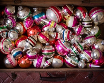 Christmas decoration, 1950s Christmas,assorted stripe glass ornaments, balls, icicles, Xmas antique,
