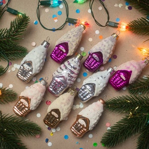 Christmas frosted house, vintage glass ornaments, colorful Christmas decorations, Xmas tree hanging ornaments, rustic decor