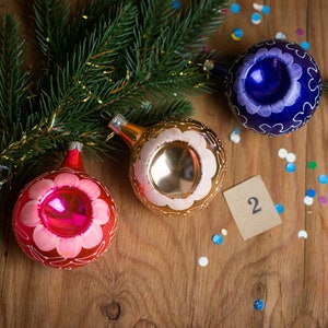 1950s christmas decoration, Indent ornament, custom set, glass vintage shiny Christmas tree Holiday retro decor silver gold green pink Ornament # 2