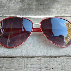 Vintage plastic aviator sunglasses with red frame and double bridge, Antique round eyeglasses, Vintage unisex eyewear