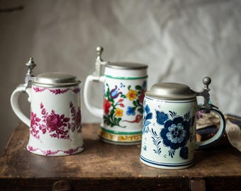 Vintage Floral Beer Stein with Lid, German Ceramic Beer Mug, 1970s Oktoberfest Gift, Collectible Barware