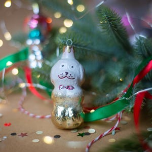 Dog with bow Christmas ornament, vintage glass pet Xmas figurine, Xmas tree hanging decor, puppy bauble