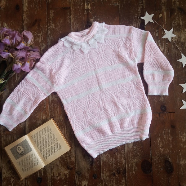 Vintage baby pink wool knitted sweater, Collared crewneck jumper, Retro girl knitwear, Warm striped pullover