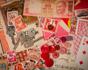 Mixed media kit for art journal, inspiration scrapbook bulk, collage of vintage craft postage stamp, music sheet paper, heart key red button